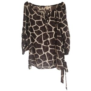 Michael Kors Brown And Cream Giraffe Print Silk Top Sz L